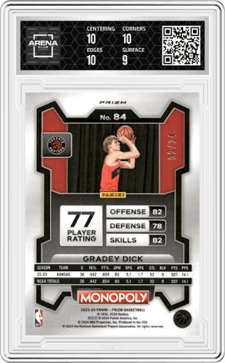 Gradey Dick from the 2023-24 Panini Prizm Monopoly set featuring a Green parallel graded by Arena Club and given an overall grade of 9.5.