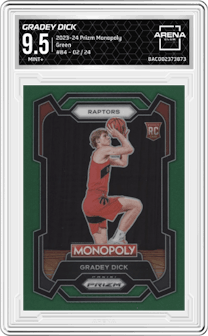 Gradey Dick from the 2023-24 Panini Prizm Monopoly set featuring a Green parallel graded by Arena Club and given an overall grade of 9.5.