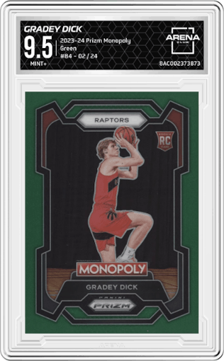 Gradey Dick from the 2023-24 Panini Prizm Monopoly set featuring a Green parallel graded by Arena Club and given an overall grade of 9.5.