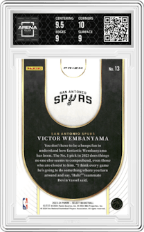 Victor Wembanyama from the 2023-24 Panini Select  set featuring a Red Prizm parallel graded by Arena Club and given an overall grade of 9.5.