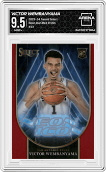 Victor Wembanyama from the 2023-24 Panini Select  set featuring a Red Prizm parallel graded by Arena Club and given an overall grade of 9.5.