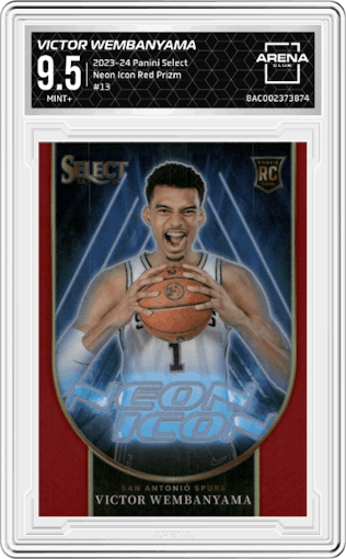 Victor Wembanyama from the 2023-24 Panini Select  set featuring a Red Prizm parallel graded by Arena Club and given an overall grade of 9.5.