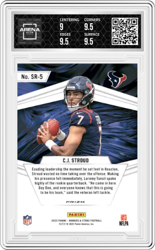 C.J. Stroud from the 2023 Panini Rookies & Stars set featuring a Silver parallel graded by Arena Club and given an overall grade of 9.5.