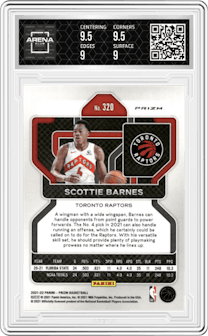 Scottie Barnes from the 2021-22 Panini Prizm  set featuring a Silver Prizm parallel graded by Arena Club and given an overall grade of 9.5.
