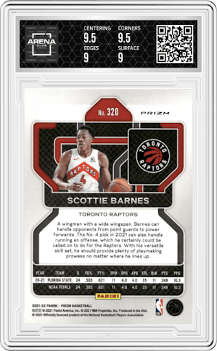 Scottie Barnes from the 2021-22 Panini Prizm  set featuring a Silver Prizm parallel graded by Arena Club and given an overall grade of 9.5.