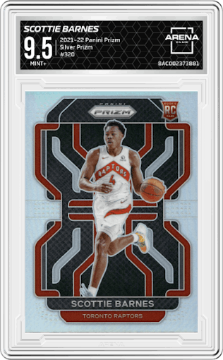 Scottie Barnes from the 2021-22 Panini Prizm  set featuring a Silver Prizm parallel graded by Arena Club and given an overall grade of 9.5.