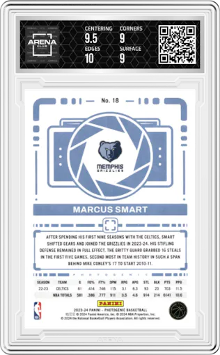 Marcus Smart from the 2023-24 Panini Photogenic set featuring a Diamond parallel graded by Arena Club and given an overall grade of 9.5.