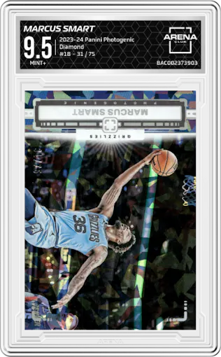 Marcus Smart from the 2023-24 Panini Photogenic set featuring a Diamond parallel graded by Arena Club and given an overall grade of 9.5.