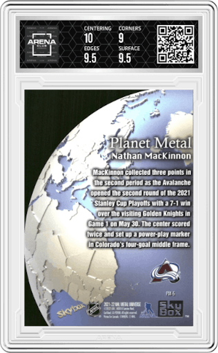 Nathan MacKinnon from the 2021-22 Skybox Metal Universe set featuring a Gold parallel graded by Arena Club and given an overall grade of 9.5.