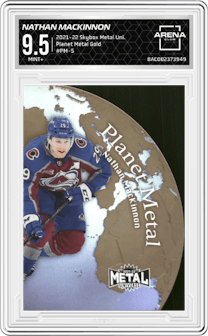 Nathan MacKinnon from the 2021-22 Skybox Metal Universe set featuring a Gold parallel graded by Arena Club and given an overall grade of 9.5.