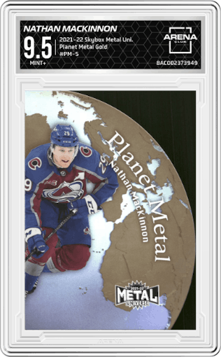 Nathan MacKinnon from the 2021-22 Skybox Metal Universe set featuring a Gold parallel graded by Arena Club and given an overall grade of 9.5.