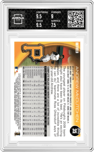 Andrew McCutchen from the 2010 Topps Chrome set graded by Arena Club and given an overall grade of 8.