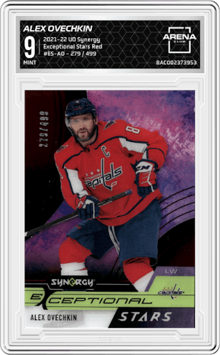Alex Ovechkin from the 2021-22 Upper Deck Synergy set featuring a Red parallel graded by Arena Club and given an overall grade of 9.