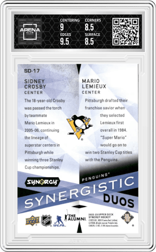 Sidney Crosby/Mario Lemieux from the 2022-23 Upper Deck Synergy set featuring a Red  parallel graded by Arena Club and given an overall grade of 9.