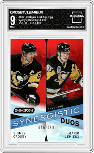 Sidney Crosby/Mario Lemieux from the 2022-23 Upper Deck Synergy set featuring a Red  parallel graded by Arena Club and given an overall grade of 9.