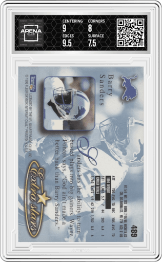 Barry Sanders from the 1995 Fleer Ultra set featuring a Gold Medallion parallel graded by Arena Club and given an overall grade of 8.
