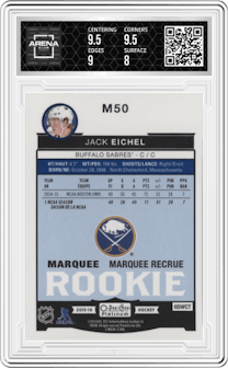 Jack Eichel from the 2015-16 O-Pee-Chee Platinum set graded by Arena Club and given an overall grade of 8.5.