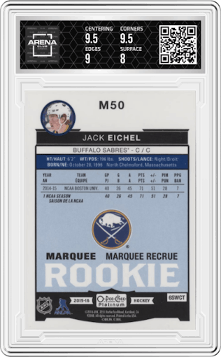 Jack Eichel from the 2015-16 O-Pee-Chee Platinum set graded by Arena Club and given an overall grade of 8.5.