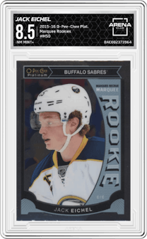 Jack Eichel from the 2015-16 O-Pee-Chee Platinum set graded by Arena Club and given an overall grade of 8.5.