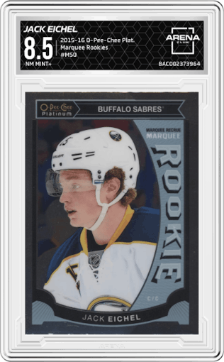Jack Eichel from the 2015-16 O-Pee-Chee Platinum set graded by Arena Club and given an overall grade of 8.5.