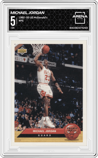 Michael Jordan from the 1992-93 UD McDonald's set graded by Arena Club and given an overall grade of 5.