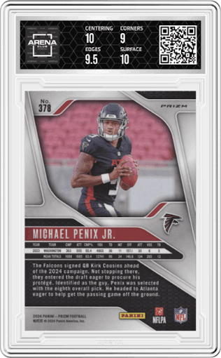 Michael Penix Jr. from the 2024 Panini Prizm set featuring a Disco parallel graded by Arena Club and given an overall grade of 9.5.