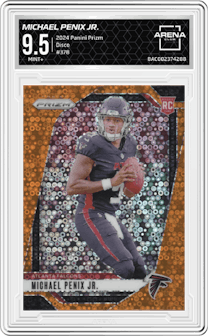 Michael Penix Jr. from the 2024 Panini Prizm set featuring a Disco parallel graded by Arena Club and given an overall grade of 9.5.