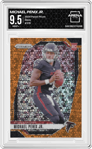Michael Penix Jr. from the 2024 Panini Prizm set featuring a Disco parallel graded by Arena Club and given an overall grade of 9.5.