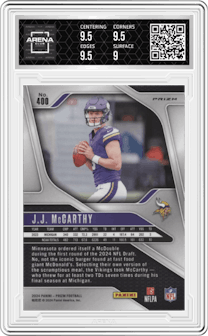 J.J. McCarthy from the 2024 Panini Prizm set featuring a Disco parallel graded by Arena Club and given an overall grade of 9.5.