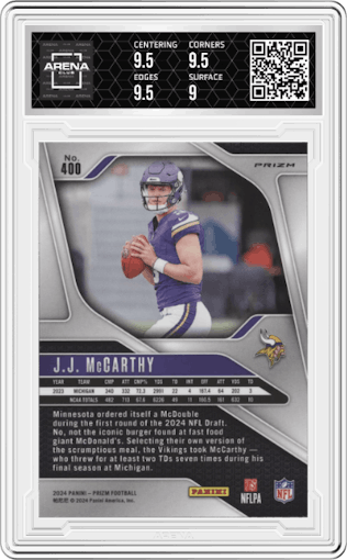 J.J. McCarthy from the 2024 Panini Prizm set featuring a Disco parallel graded by Arena Club and given an overall grade of 9.5.