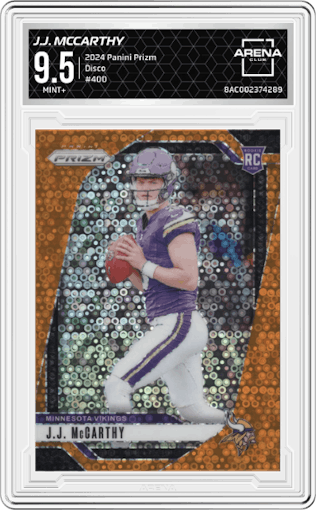 J.J. McCarthy from the 2024 Panini Prizm set featuring a Disco parallel graded by Arena Club and given an overall grade of 9.5.