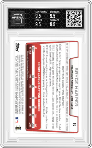Bryce Harper from the 2012 Bowman Draft set graded by Arena Club and given an overall grade of 9.5.