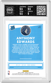 Anthony Edwards from the 2020-21 Panini Donruss set featuring a Press Proof Silver  parallel graded by Arena Club and given an overall grade of 9.5.