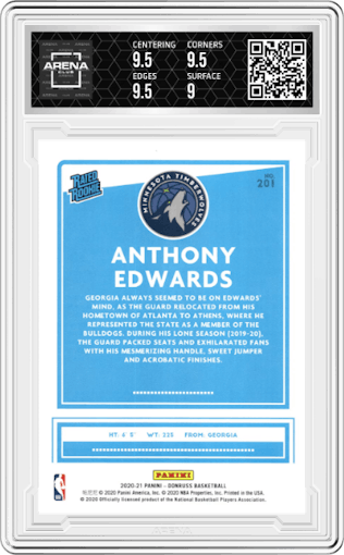 Anthony Edwards from the 2020-21 Panini Donruss set featuring a Press Proof Silver  parallel graded by Arena Club and given an overall grade of 9.5.