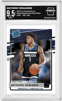 Anthony Edwards from the 2020-21 Panini Donruss set featuring a Press Proof Silver  parallel graded by Arena Club and given an overall grade of 9.5.
