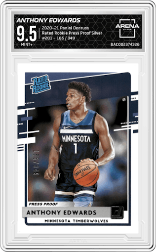 Anthony Edwards from the 2020-21 Panini Donruss set featuring a Press Proof Silver  parallel graded by Arena Club and given an overall grade of 9.5.