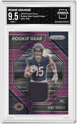 Rome Odunze from the 2024 Panini Prizm set featuring a Purple Pulsar parallel graded by Arena Club and given an overall grade of 9.5.