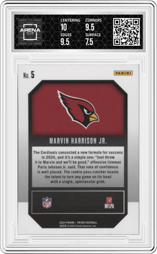 Marvin Harrison Jr. from the 2024 Panini Prizm set graded by Arena Club and given an overall grade of 8.