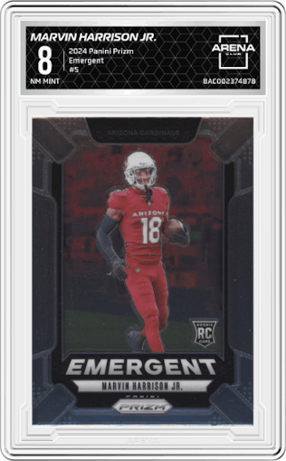 Marvin Harrison Jr. from the 2024 Panini Prizm set graded by Arena Club and given an overall grade of 8.