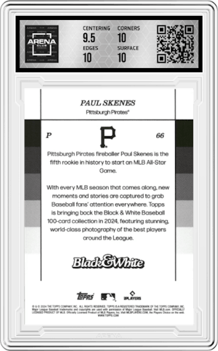 Paul Skenes from the 2024 Topps Black & White set graded by Arena Club and given an overall grade of 10.
