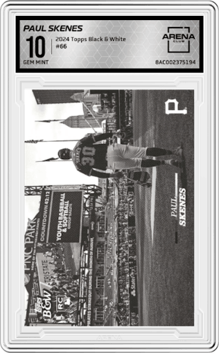 Paul Skenes from the 2024 Topps Black & White set graded by Arena Club and given an overall grade of 10.