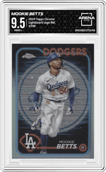 Mookie Betts from the 2024 Topps Chrome set featuring a Lightboard Logo Refractor parallel graded by Arena Club and given an overall grade of 9.5.