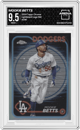 Mookie Betts from the 2024 Topps Chrome set featuring a Lightboard Logo Refractor parallel graded by Arena Club and given an overall grade of 9.5.