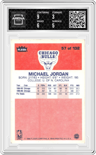 Michael Jordan from the 1986-87 Fleer set graded by Arena Club and given an overall grade of 3.5.