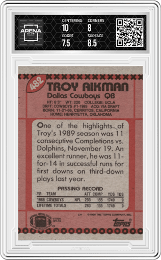 Troy Aikman from the 1990 Topps set graded by Arena Club and given an overall grade of 8.