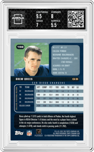 Drew Brees from the 2001 Topps Stadium Club set graded by Arena Club and given an overall grade of 6.