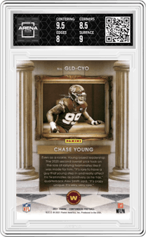 Chase Young from the 2021 Panini Contenders   set featuring a Silver parallel graded by Arena Club and given an overall grade of 8.5.