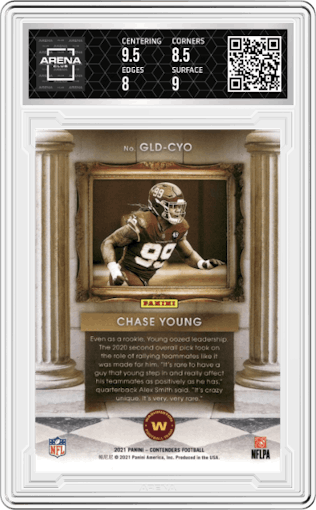 Chase Young from the 2021 Panini Contenders   set featuring a Silver parallel graded by Arena Club and given an overall grade of 8.5.