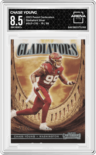 Chase Young from the 2021 Panini Contenders   set featuring a Silver parallel graded by Arena Club and given an overall grade of 8.5.