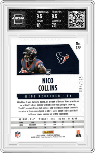 Nico Collins from the 2021 Panini Phoenix set featuring a Purple parallel graded by Arena Club and given an overall grade of 8.
